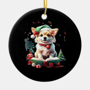 Dog in Christmas Hat with Books - A Perfect Christ Ceramic Ornament