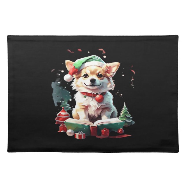 Dog in Christmas Hat with Books - A Perfect Christ Cloth Placemat (Front)