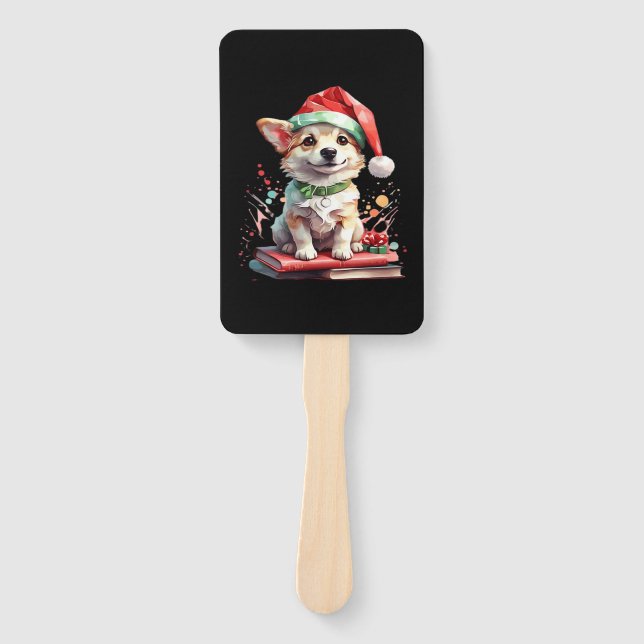 Dog in Christmas Hat with Books - A Perfect Christ Hand Fan (Front)