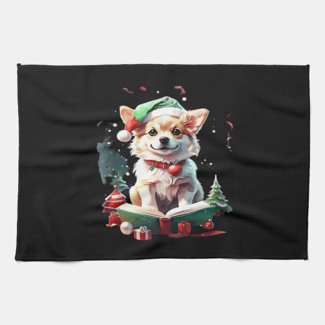 Dog in Christmas Hat with Books - A Perfect Christ Kitchen Towel (Horizontal)