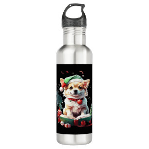 Dog in Christmas Hat with Books - A Perfect Christ Stainless Steel Water Bottle