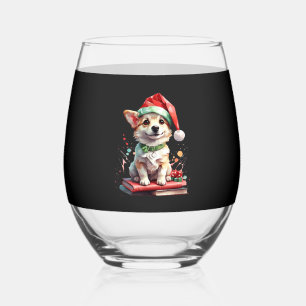 Dog in Christmas Hat with Books - A Perfect Christ Stemless Wine Glass