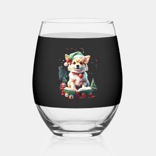Dog in Christmas Hat with Books - A Perfect Christ Stemless Wine Glass