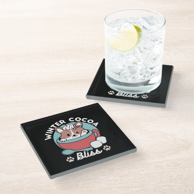 Dog in Festive Mug for Holiday Vibes - Winter Coco Glass Coaster (Angled)