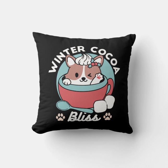 Dog in Festive Mug for Holiday Vibes - Winter Coco Throw Pillow (Front)