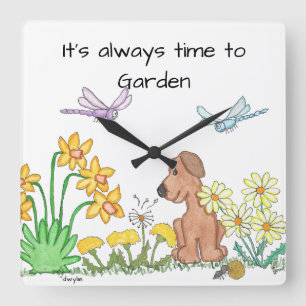 Dog in Flower Garden Square Wall Clock