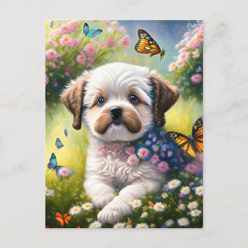 Dog in flower meadow with butterflies postcard