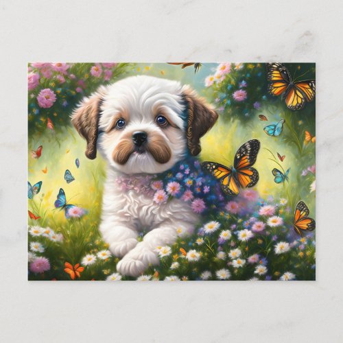 Dog in flower meadow with butterflies postcard