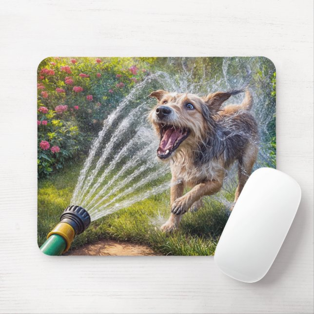 Dog In Garden Hose Water Spray Mouse Pad (With Mouse)