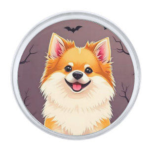 Dog in Halloween Scene with Pumpkins Silver Finish Lapel Pin