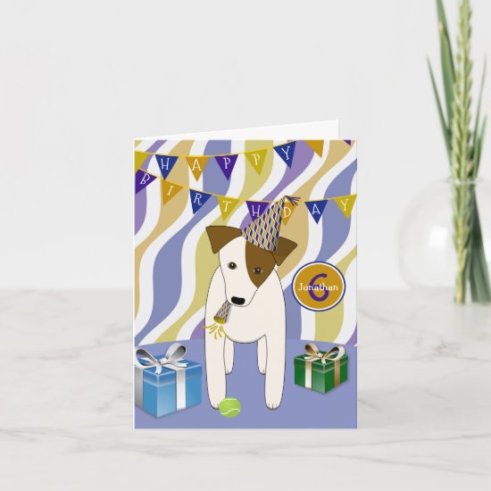 dog in party hat w gifts boy's happy birthday card