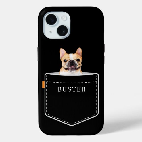 Dog In Pocket  Custom Pet Photo and Name Black iPhone 15 Case