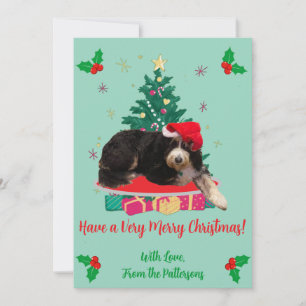 Dog in Santa Hat Photo Xmas Tree Flat Holiday Card