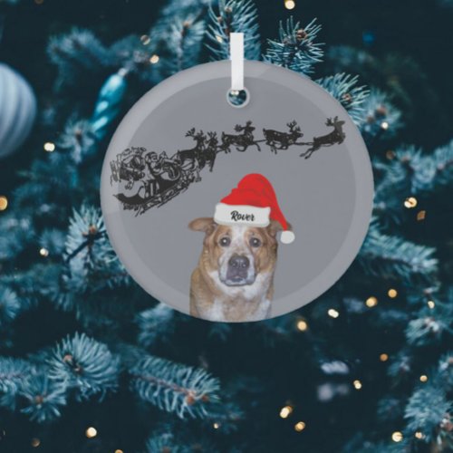 Dog in Santa Hat with Name  Sleigh and Reindeer  Glass Ornament
