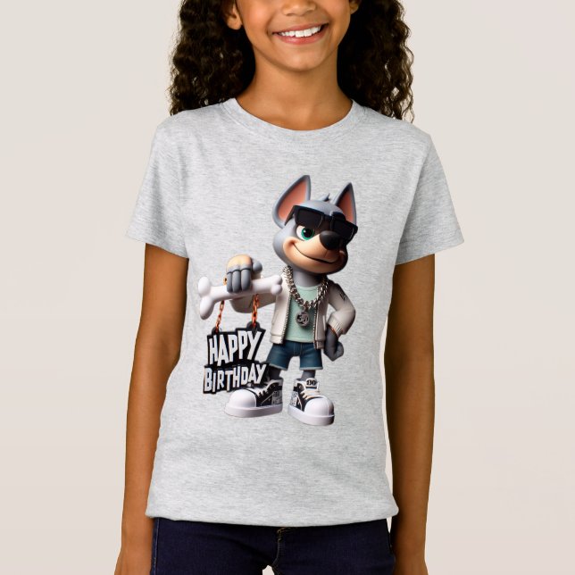  Dog in Sneakers and a Jacket, Happy Birthday, by  T-Shirt (Front)