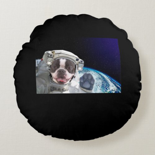 Dog in Space Boston Terrier Premium Round Pillow