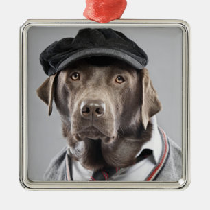 Dog in sweater and cap metal ornament