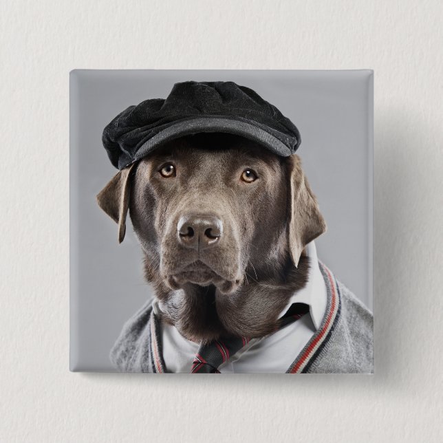 Dog in sweater and cap pinback button (Front)