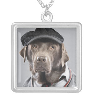 Dog in sweater and cap silver plated necklace
