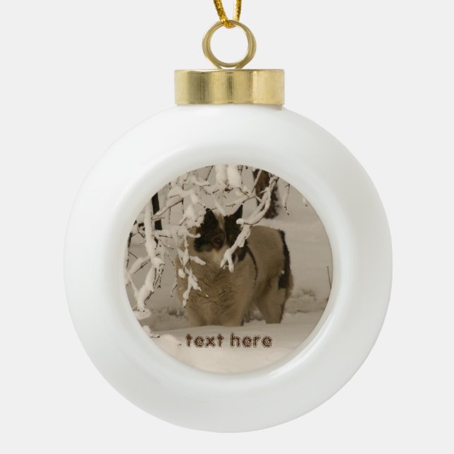 Dog in winter ceramic ball christmas ornament (Front)