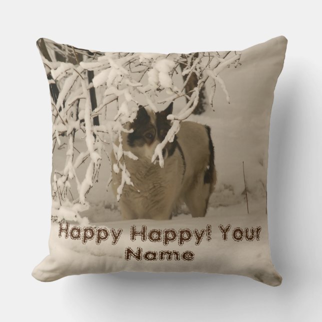 Dog in winter throw pillow (Front)