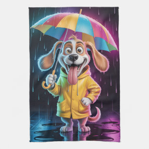 Dog in Yellow Raincoat with Rainbow Umbrella Kitchen Towel