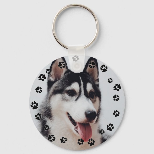Dog Instagram Photo Black Paw Prints Keychain (Front)