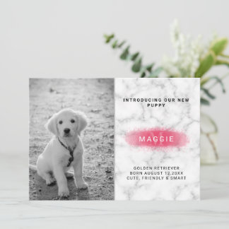 Dog Introduction Custom Photo &amp; Faux Marble &amp; Pink Announcement