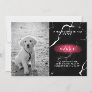 Dog Introduction Photo &amp; Faux Black Marble &amp; Pink Announcement