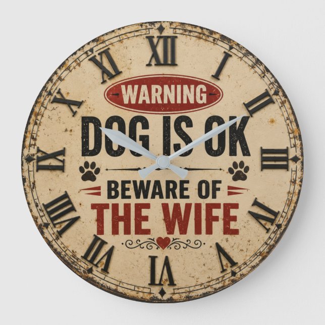 Dog Is OK Beware of the Wife Funny Large Clock (Front)