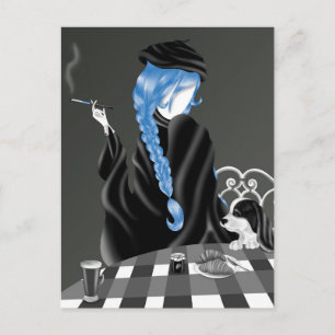 Dog & Lady at café Blue Hair Postcard