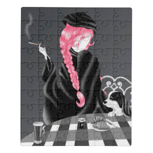 Dog & Lady at café Pink Hair Puzzle