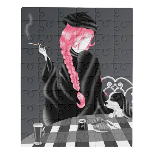Dog & Lady at café Pink Hair Puzzle (Puzzle Vertical)