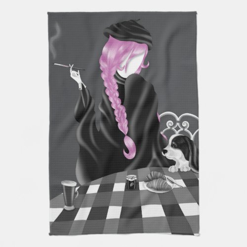 Dog  Lady at caf purple Hair Tea Towel