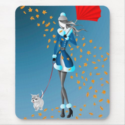 Dog  Lady Autumn Leaves Blue Mouse pad