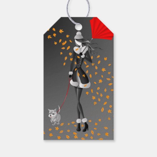 Dog  Lady Autumn Leaves gray Gift Tags 