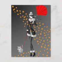Dog & Lady Autumn Leaves Gray Monochrome Postcard