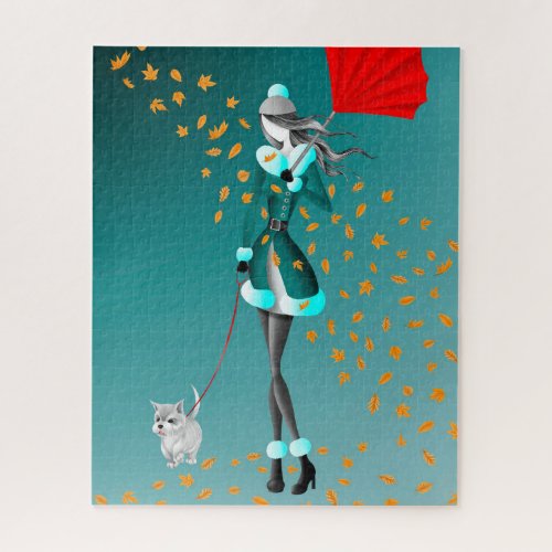 Dog  Lady Autumn Leaves Green Jigsaw Puzzle