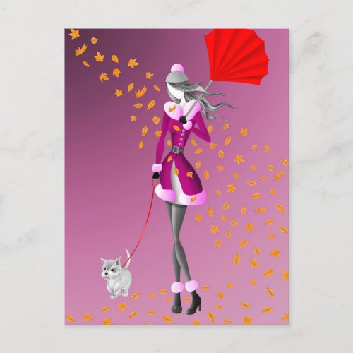 Dog  Lady Autumn Leaves  Pink Postcard
