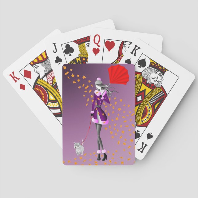 Dog & Lady Autumn Leaves  Playing Cards (Back)