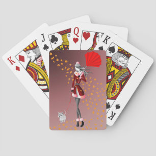Dog & Lady Autumn Leaves Playing Cards