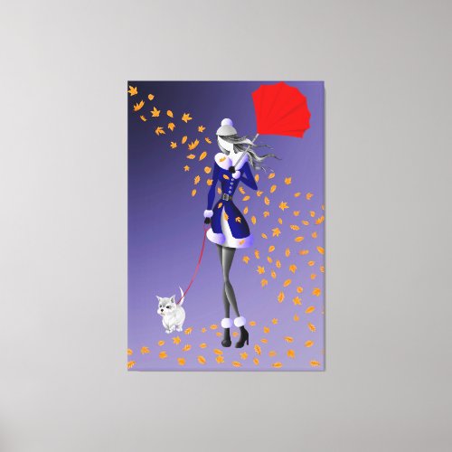 Dog  Lady Autumn Leaves Stretched Canvas