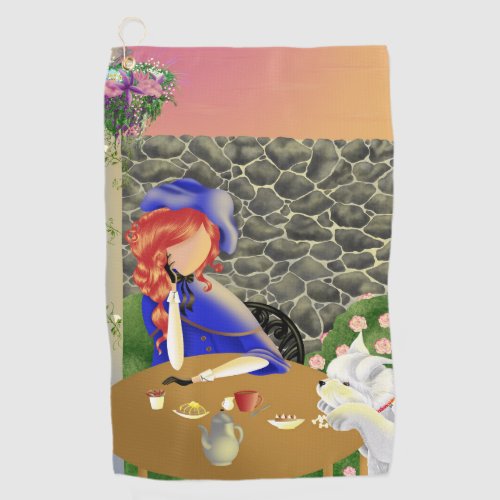 Dog  Lady in Caf at Sunset Golf Towel