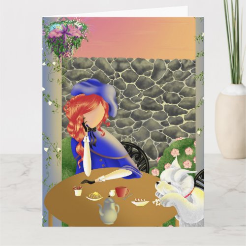 Dog  Lady in Caf at Sunset Greetings Card