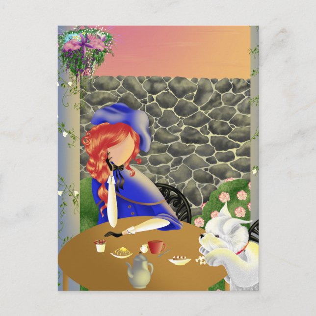 Dog & Lady in Cafe at sunset Postcard (Front)
