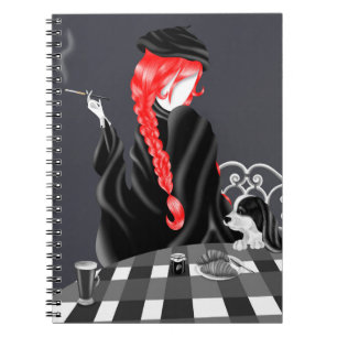 Dog & Lady in French café red Notebook