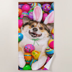 Dog Laying on Easter Eggs Beach Towel