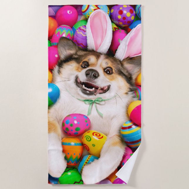 Dog Laying on Easter Eggs Beach Towel (Front)