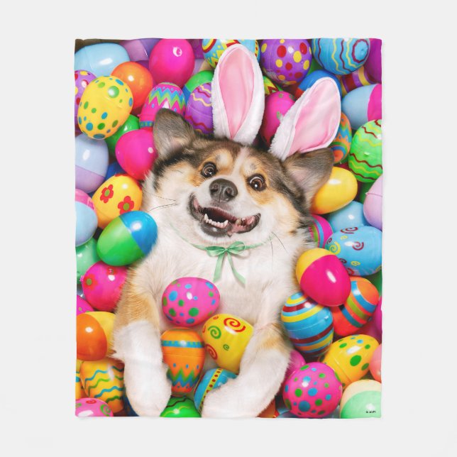 Dog Laying on Easter Eggs Fleece Blanket (Front)