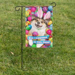 Dog Laying on Easter Eggs Garden Flag